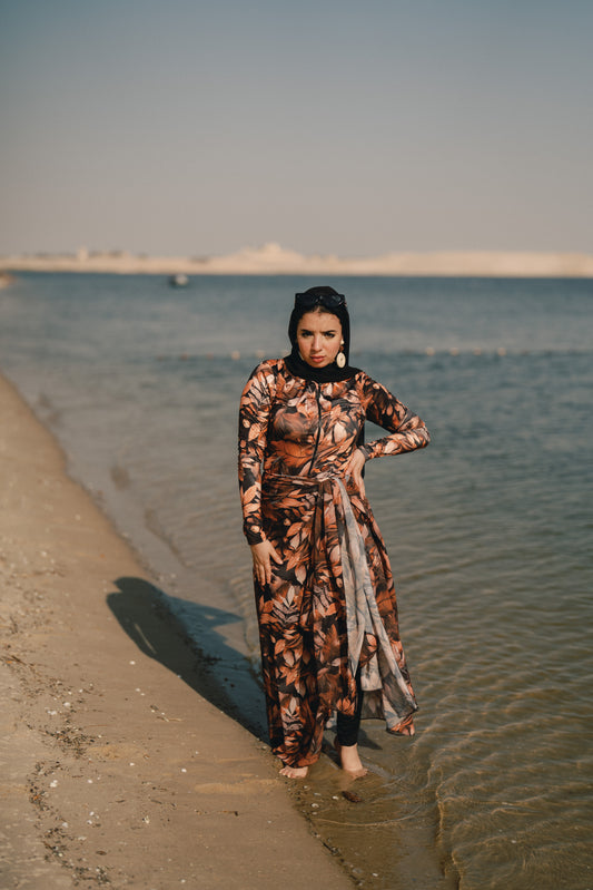 Burkini - black & orange leaves