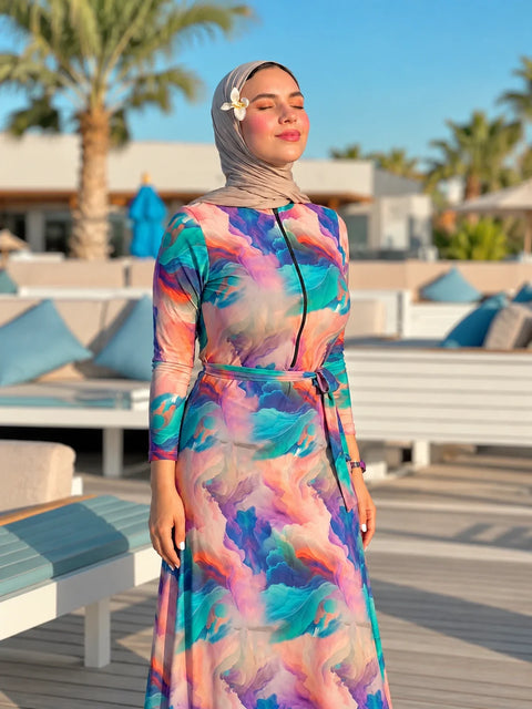 Model wearing a colourful Burkini with a matching head covering beside a pool.