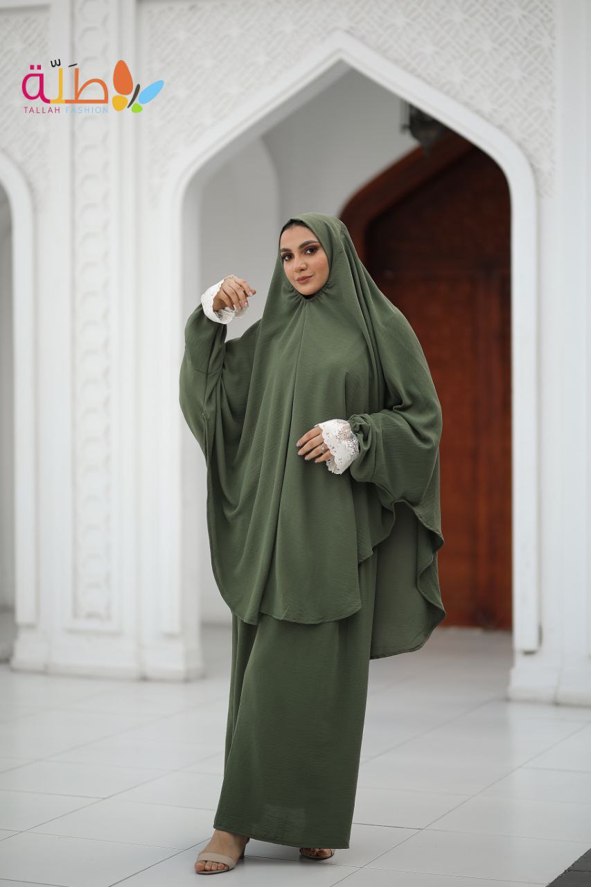 Khimar & Jibbah — CY — Olive green, white lace cuffs
