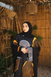 Abaya — Mix Viscose & Satin — Black, orange & white, circular print