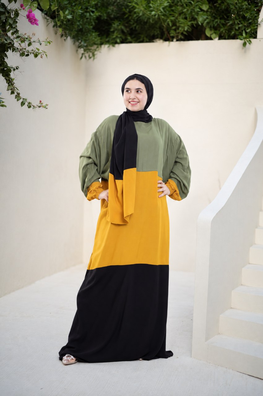 Isdal — Viscose — Olive, mustard & black, colour-block