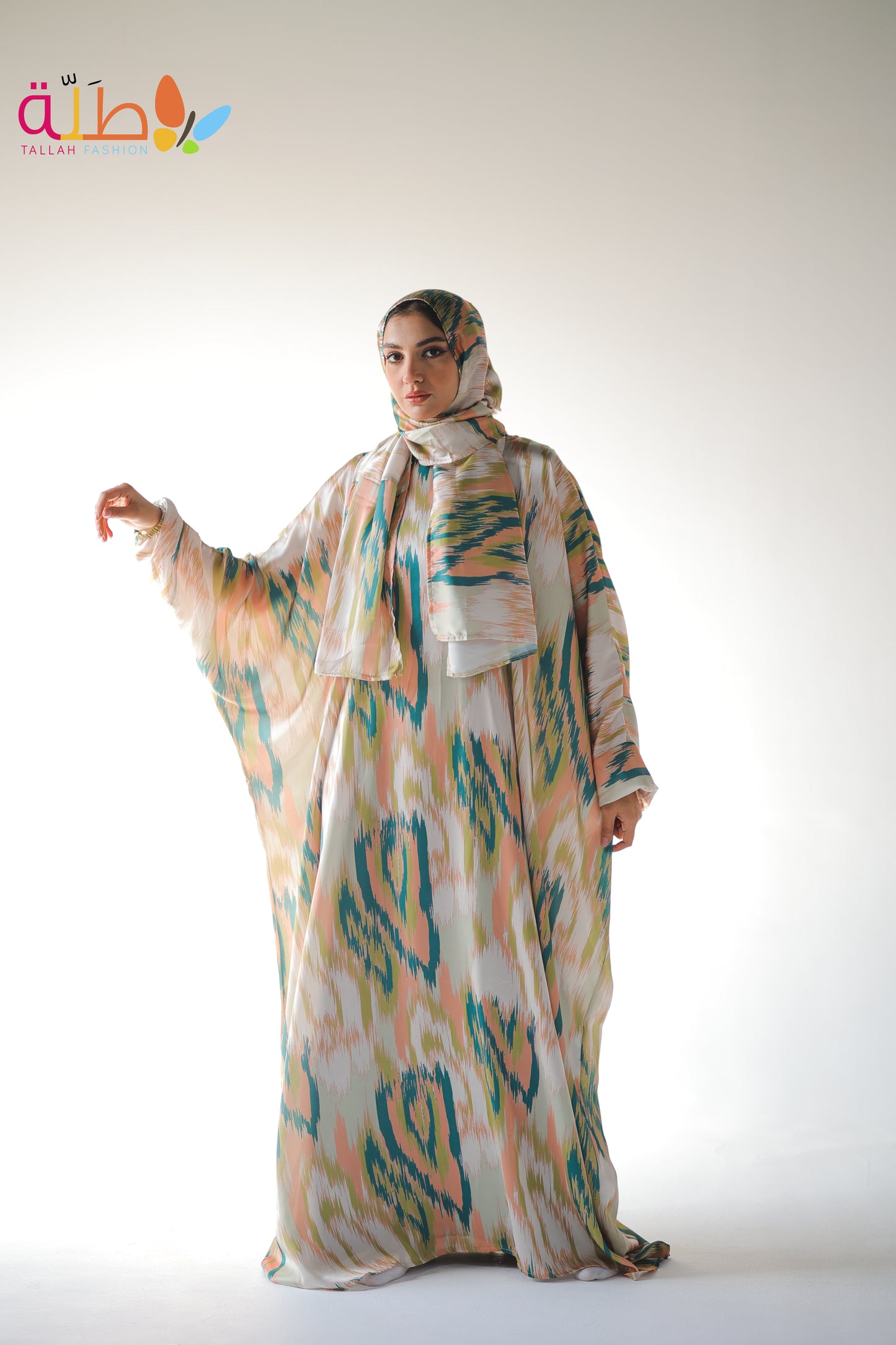 Malhafa Satin - off white & colorful pattern