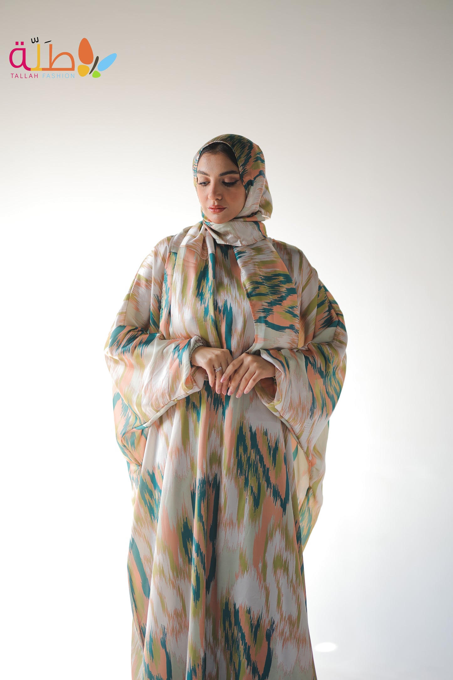 Malhafa Satin - off white & colorful pattern