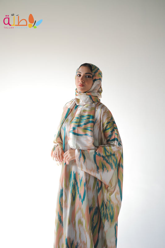 Malhafa Satin - off white & colorful pattern
