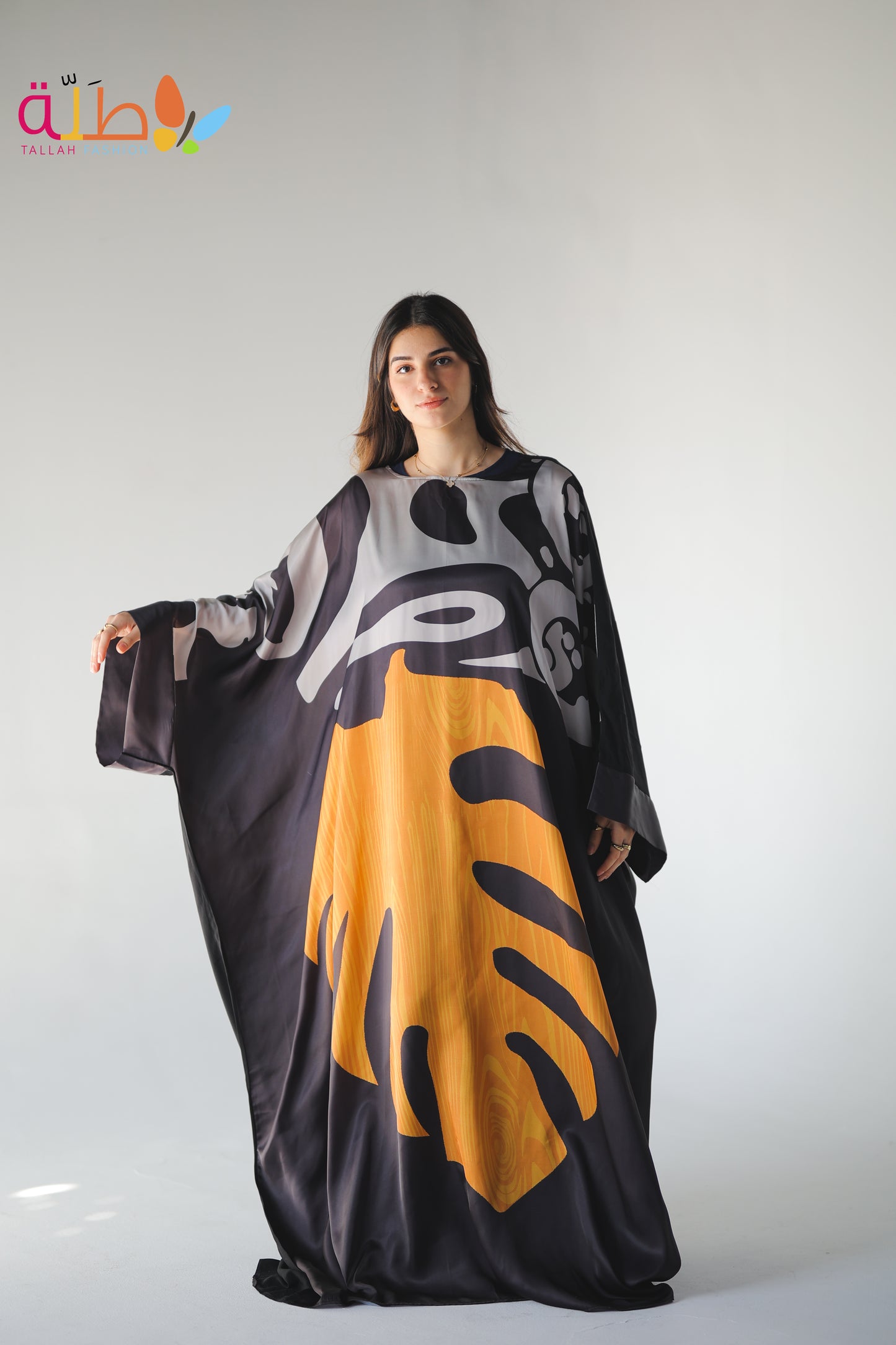 Abaya Mix Satin and viscose - black, orange & grey pattern