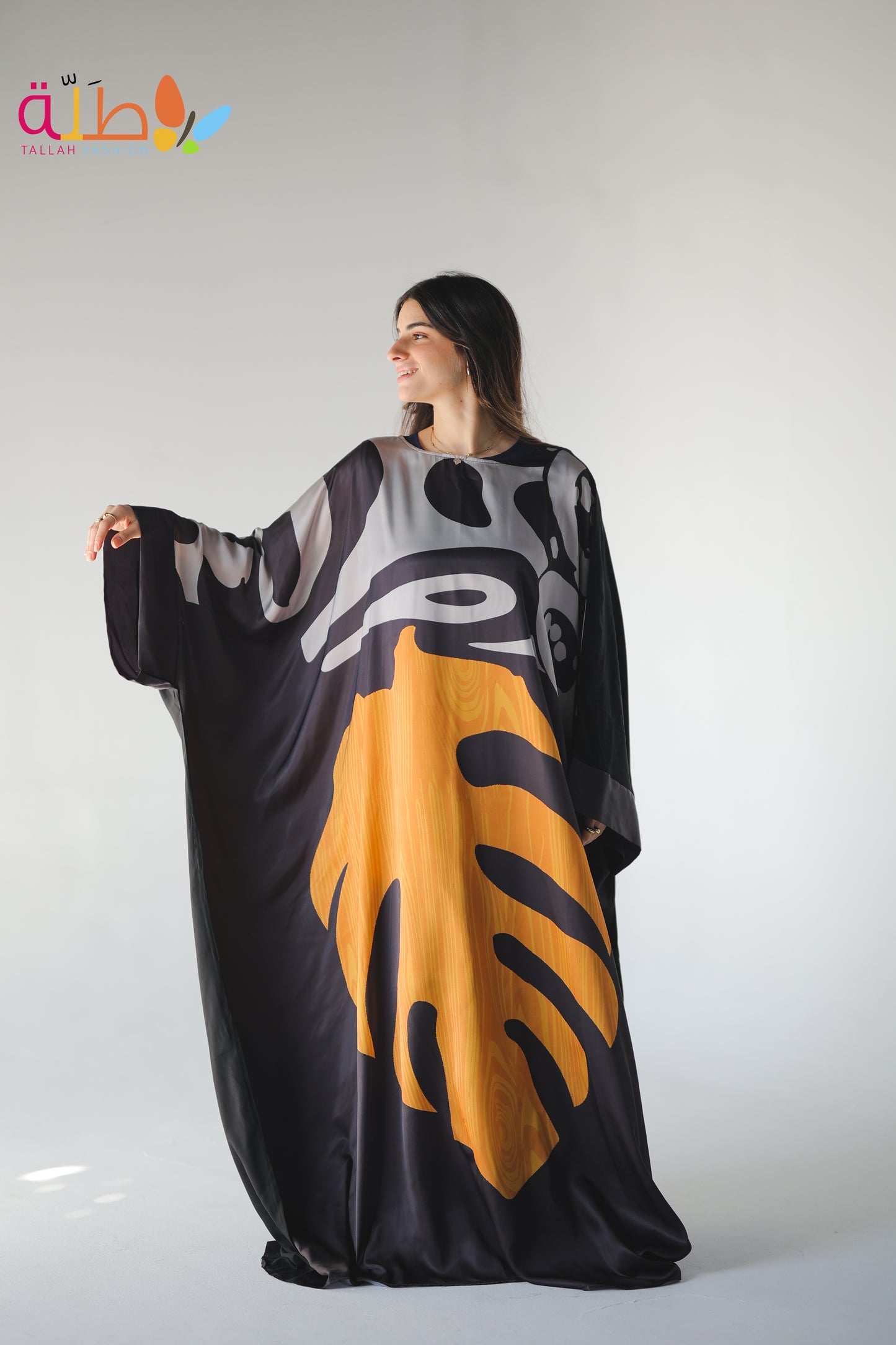 Abaya Mix Satin and viscose - black, orange & grey pattern