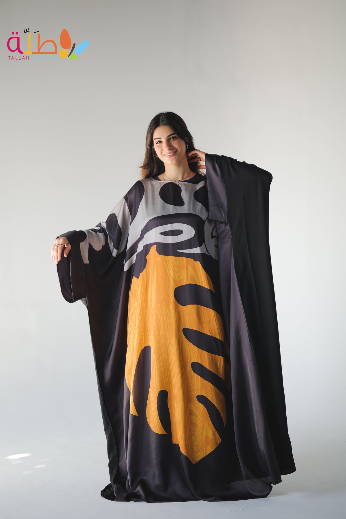 Abaya Mix Soft Mabrad and viscose - black, orange & grey pattern