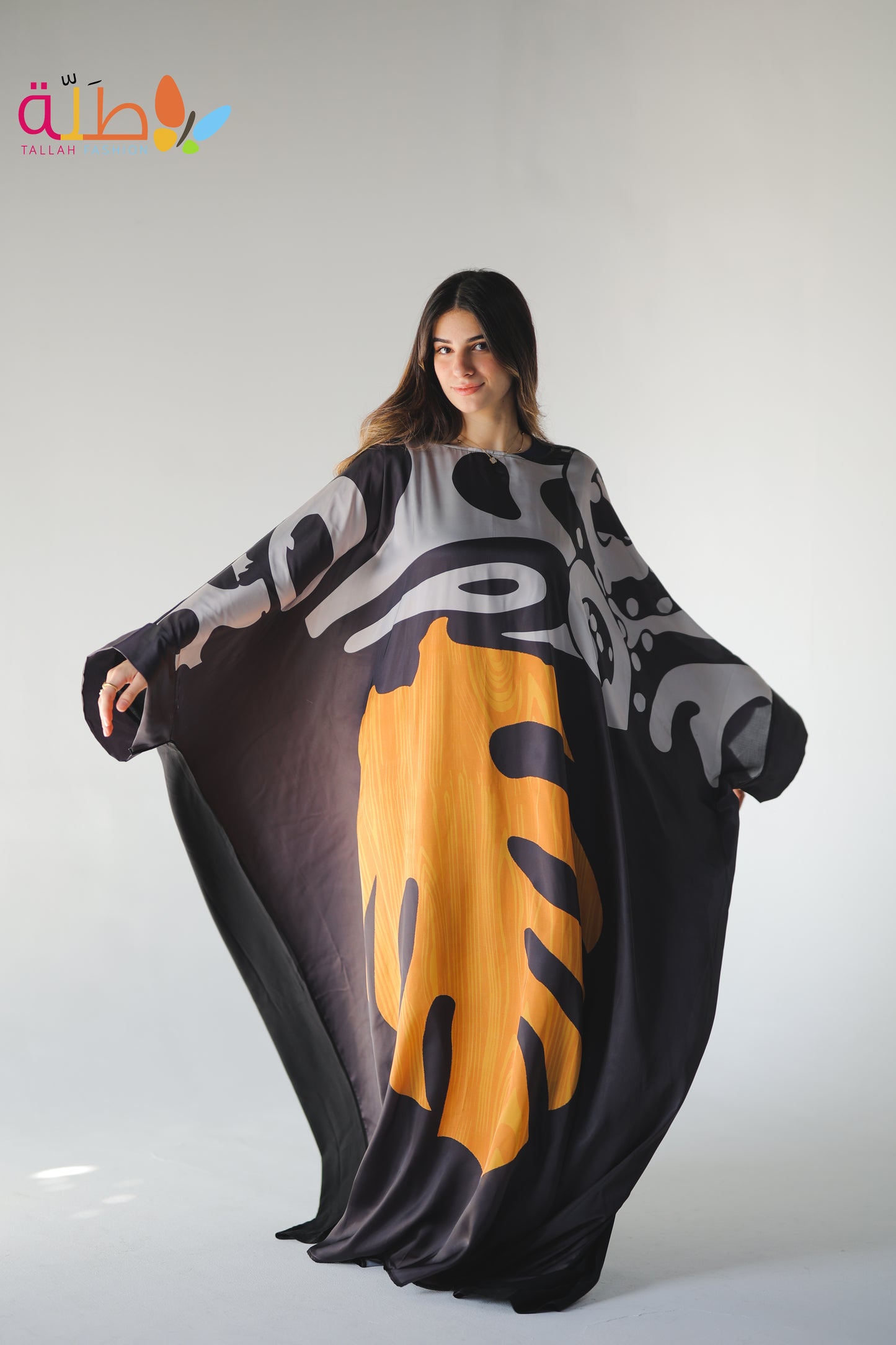 Abaya Mix Satin and viscose - black, orange & grey pattern