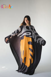 Abaya Mix Soft Mabrad and viscose - black, orange & grey pattern