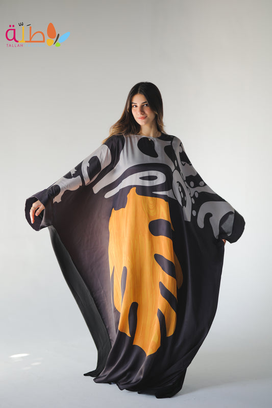 Abaya Mix Satin and viscose - black, orange & grey pattern