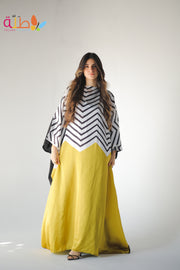 Abaya Mix Satin and viscose - yellow, black & white zigzag pattern