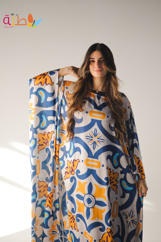 Malhafa Satin - white, blue & yellow