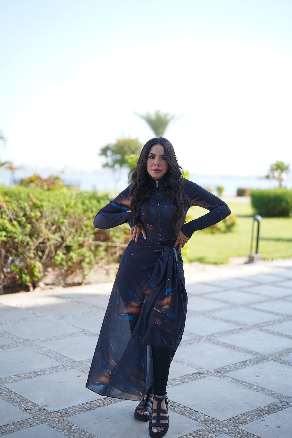 Swim Cover-up — Wrap Dress — Navy galaxy print, tie-waist