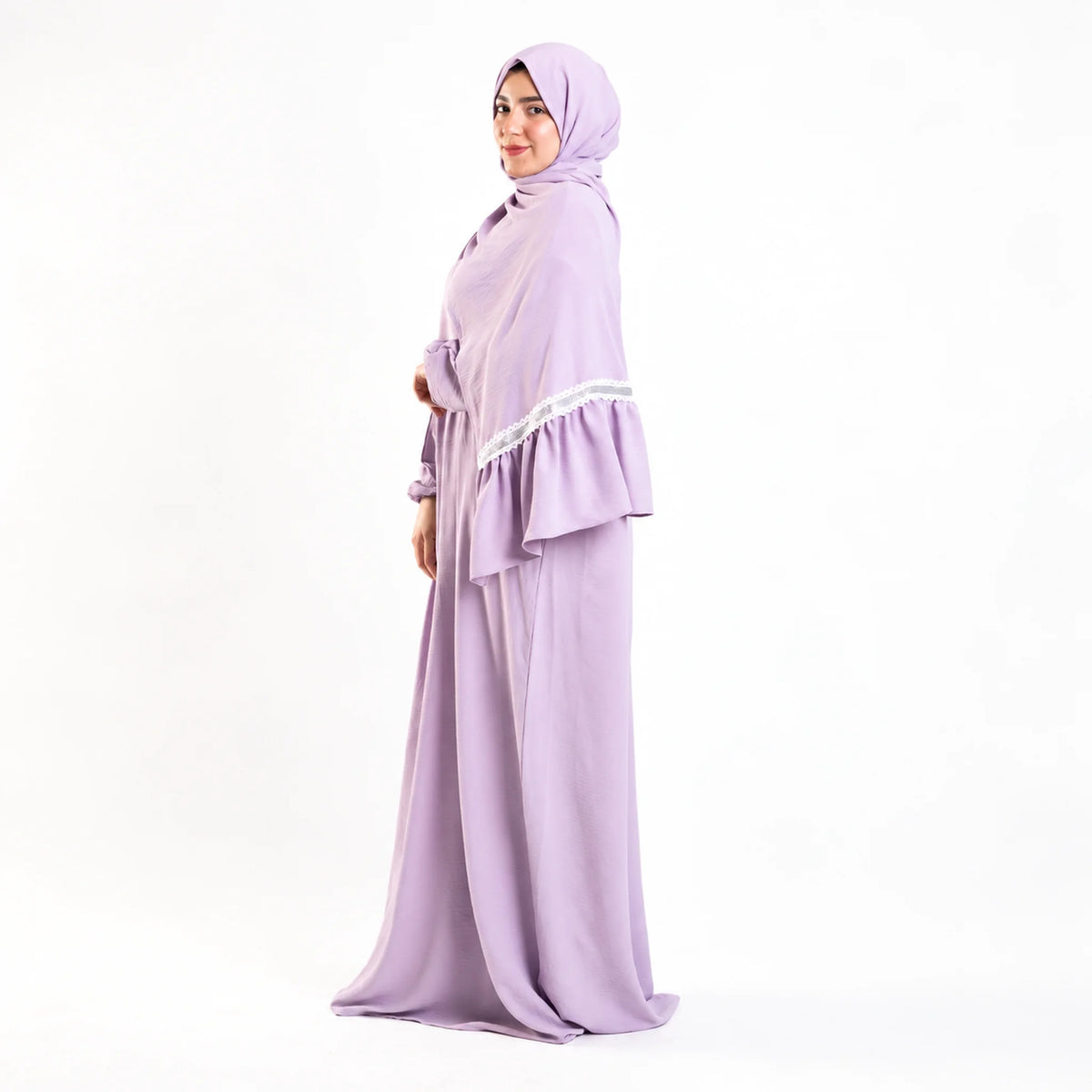 Model wearing Tallah's lilac CY Isdal with lace trim, gallery photo 2