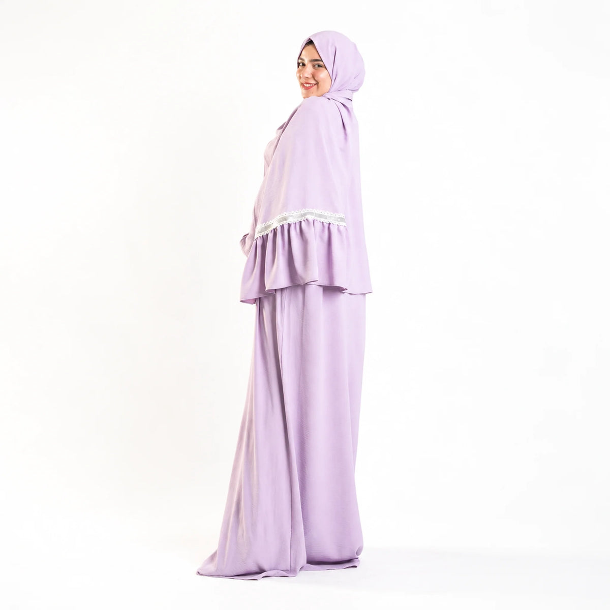 Model wearing Tallah's lilac CY Isdal with lace trim, gallery photo 3