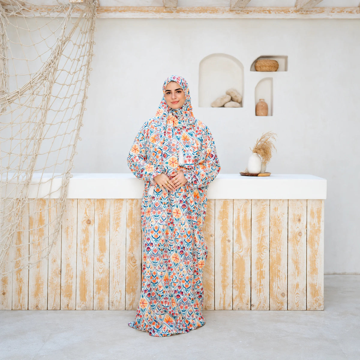 Model wearing Tallah's multicolour floral mosaic-print Soft Mabrad Isdal, gallery photo 3