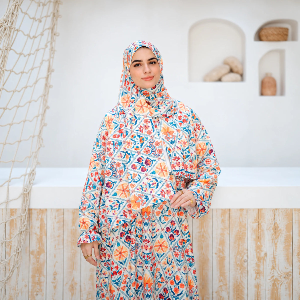 Model wearing Tallah's multicolour floral mosaic-print Soft Mabrad Isdal, gallery photo 7