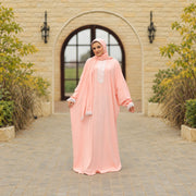 Model wearing Tallah's pink CY Isdal with lace trim, gallery photo 1