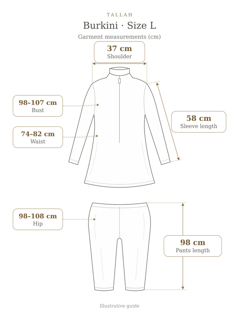 Tallah Burkini Size L illustrative garment measurement guide in cm: bust 98–107, waist 74–82, sleeve length 58, shoulder 37, hip 98–108, pants length 98.