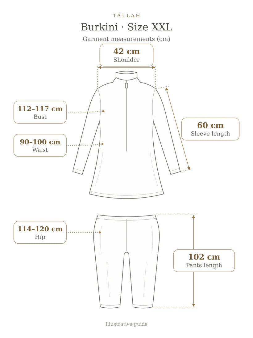 Tallah Burkini Size XXL illustrative garment measurement guide in cm: bust 112–117, waist 90–100, sleeve length 60, shoulder 42, hip 114–120, pants length 102.