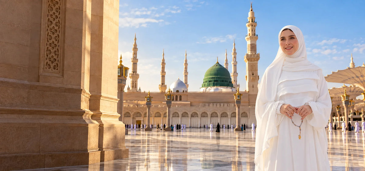 Woman in a white hijab and prayer dress holding prayer beads in the courtyard of Al-Masjid an-Nabawi in Medina.