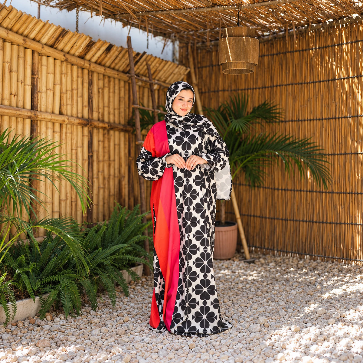 Isdal in Soft Mabrad in Black & cream, floral print with red panel with matching veil, gallery view 3.