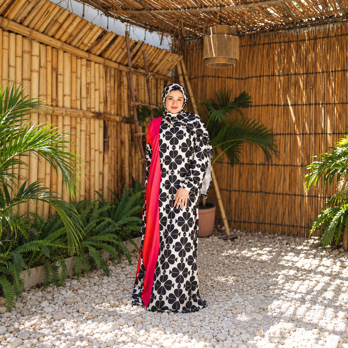 Isdal in Soft Mabrad in Black & cream, floral print with red panel with matching veil, gallery view 4.