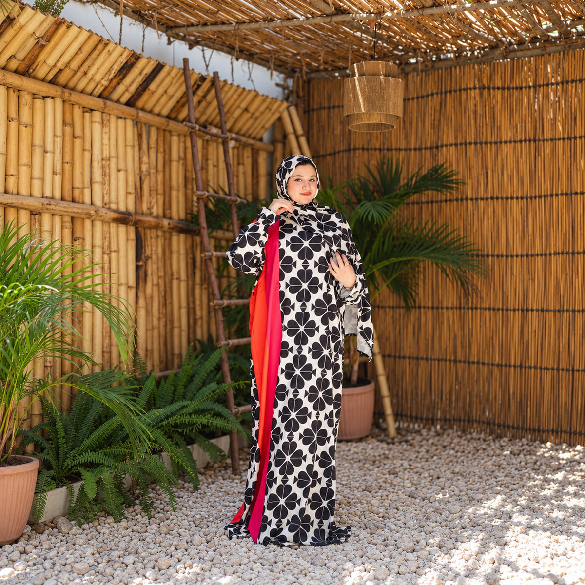 Isdal in Soft Mabrad in Black & cream, floral print with red panel with matching veil, gallery view 5.