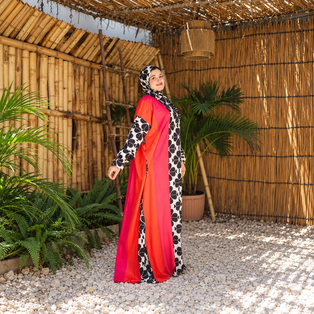 Isdal in Soft Mabrad in Black & cream, floral print with red panel with matching veil, gallery view 6.