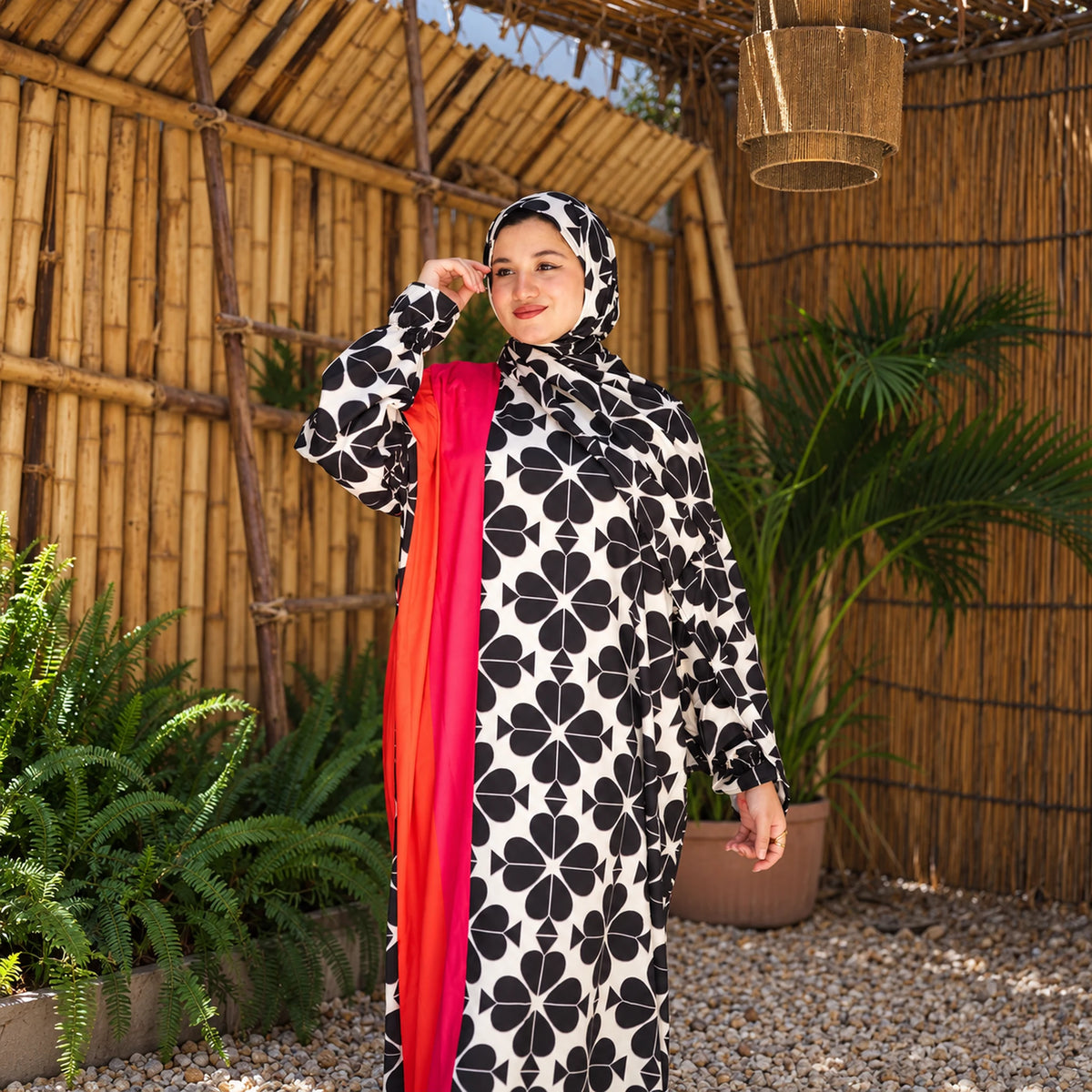 Isdal in Soft Mabrad in Black & cream, floral print with red panel with matching veil, gallery view 7.