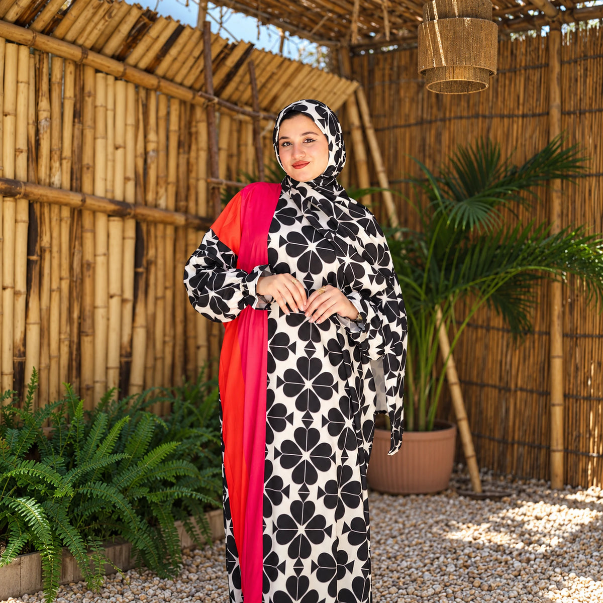 Isdal in Soft Mabrad in Black & cream, floral print with red panel with matching veil, gallery view 8.