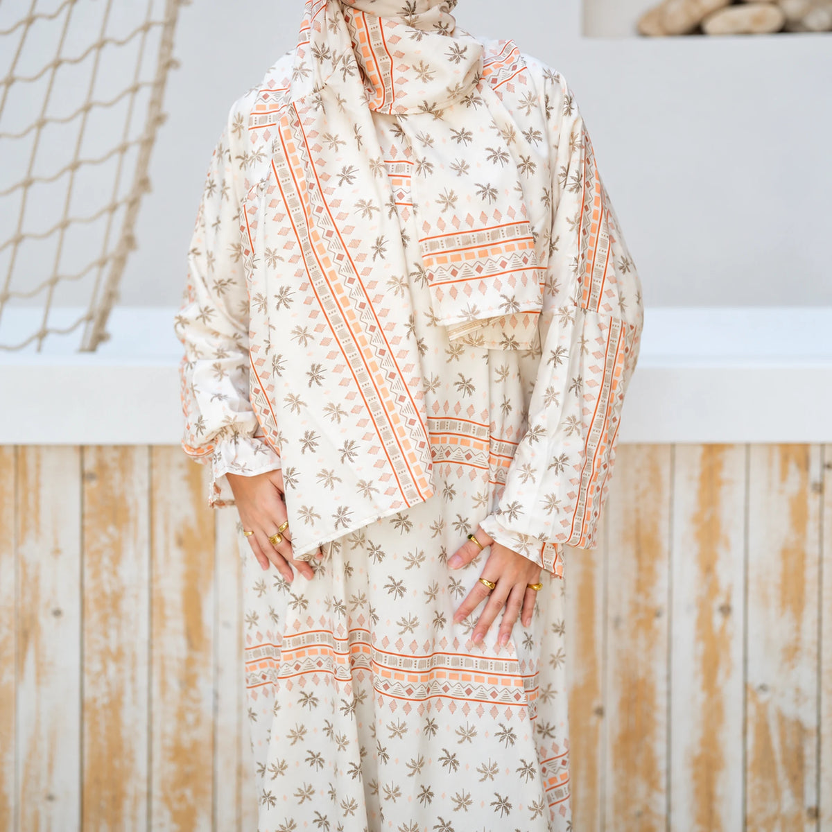Isdal in Soft Mabrad in Cream, floral print with border with matching veil, gallery view 1.