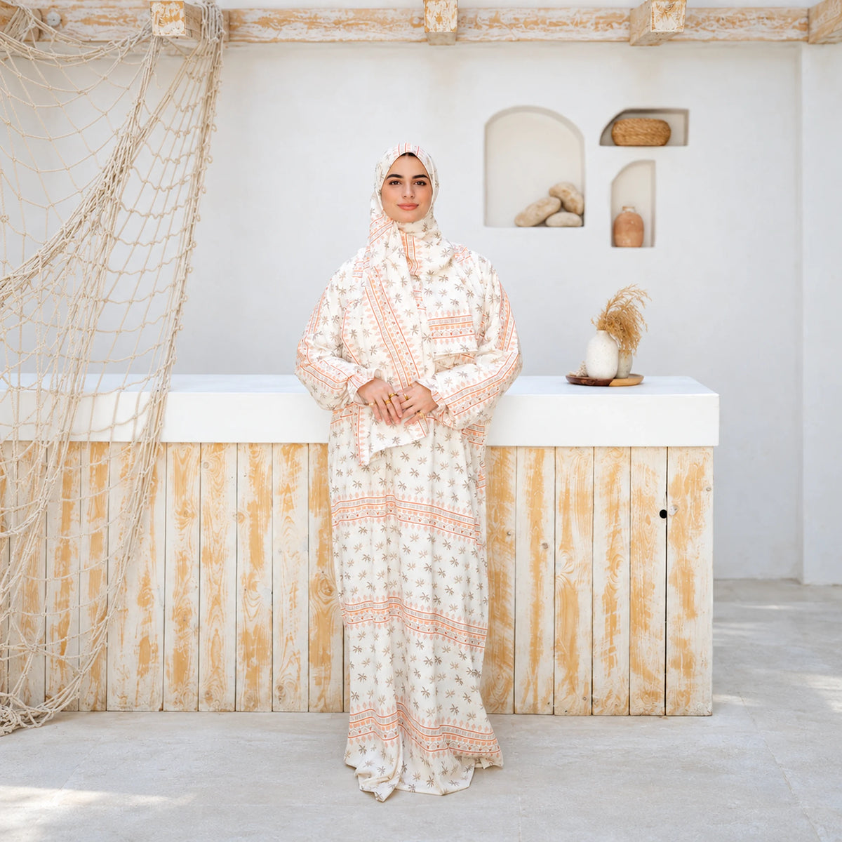 Isdal in Soft Mabrad in Cream, floral print with border with matching veil, gallery view 2.