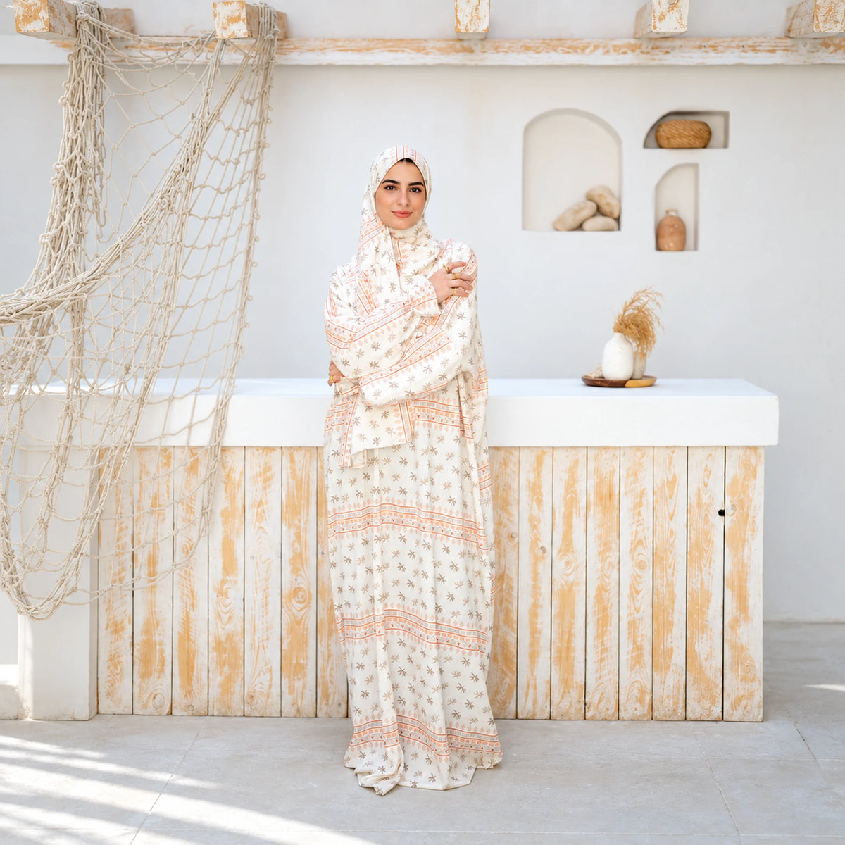 Isdal in Soft Mabrad in Cream, floral print with border with matching veil, gallery view 3.