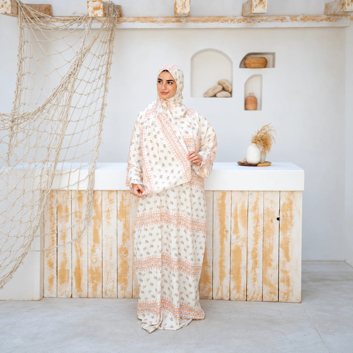 Isdal in Soft Mabrad in Cream, floral print with border with matching veil, gallery view 4.