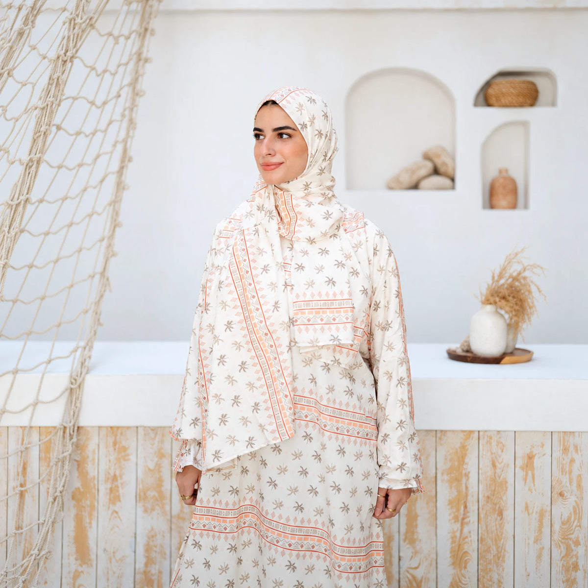 Isdal in Soft Mabrad in Cream, floral print with border with matching veil, gallery view 6.