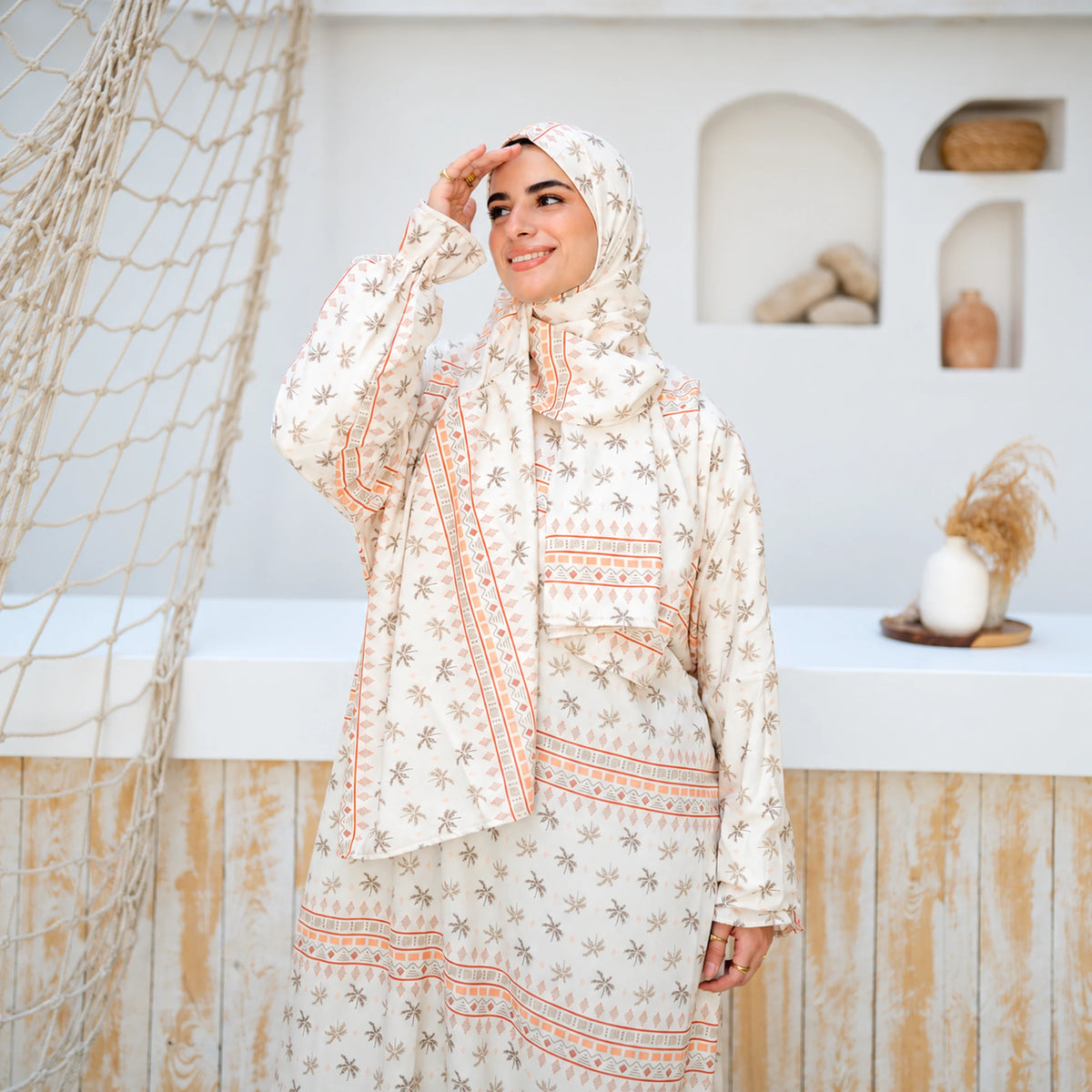 Isdal in Soft Mabrad in Cream, floral print with border with matching veil, gallery view 7.