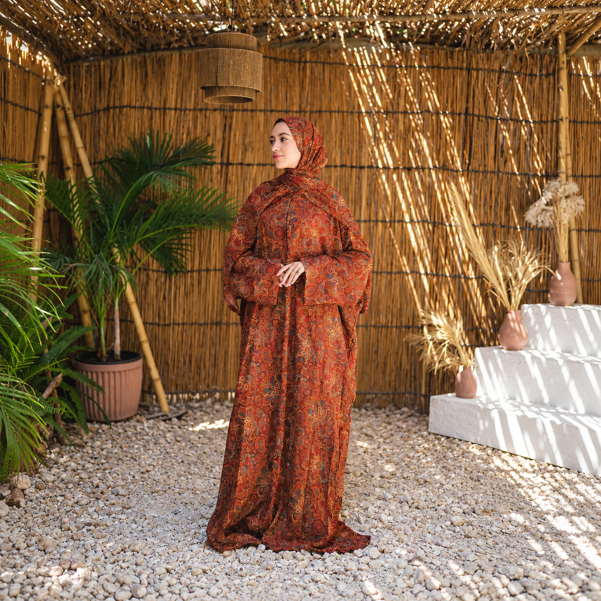 Tallah's orange and rust Soft Mabrad Isdal with an ornamental print and matching veil, gallery view 3.