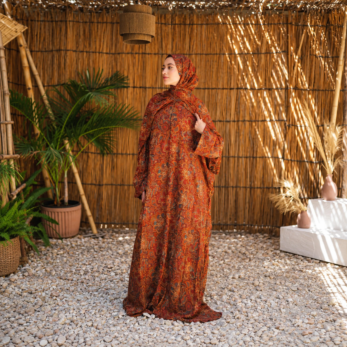 Tallah's orange and rust Soft Mabrad Isdal with an ornamental print and matching veil, gallery view 5.