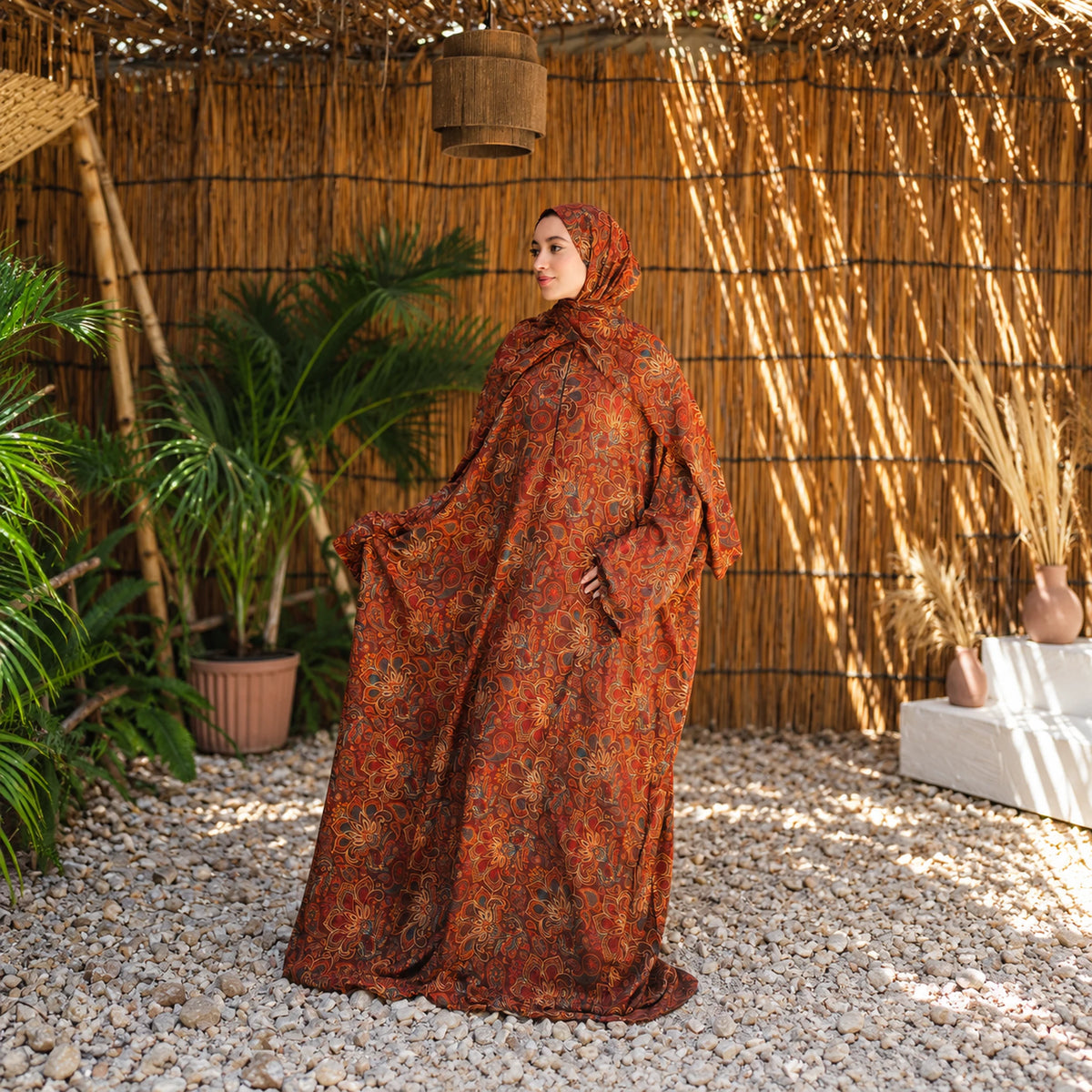 Tallah's orange and rust Soft Mabrad Isdal with an ornamental print and matching veil, gallery view 6.