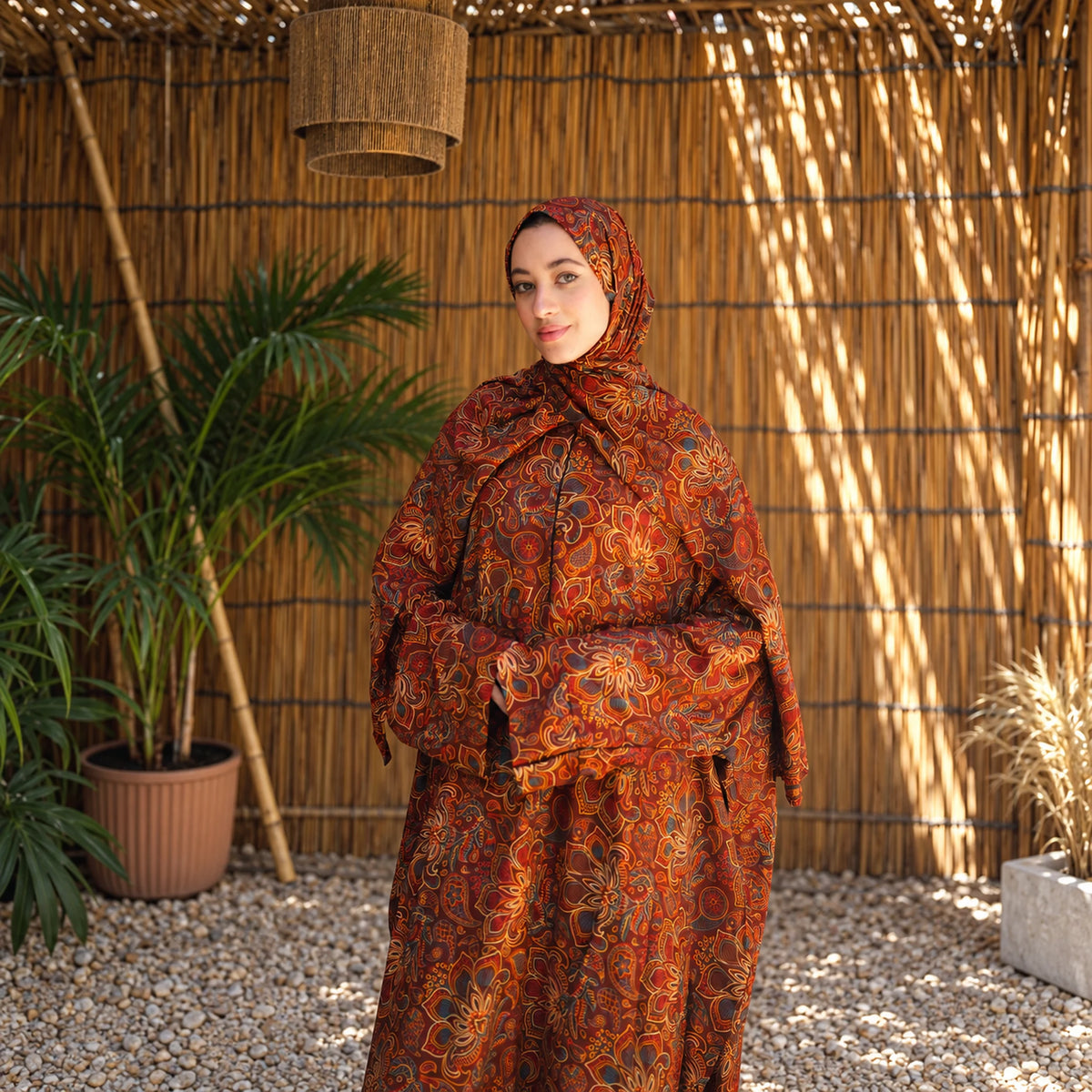 Isdal in Soft Mabrad in Orange & rust, ornamental print with matching veil, gallery view 7.