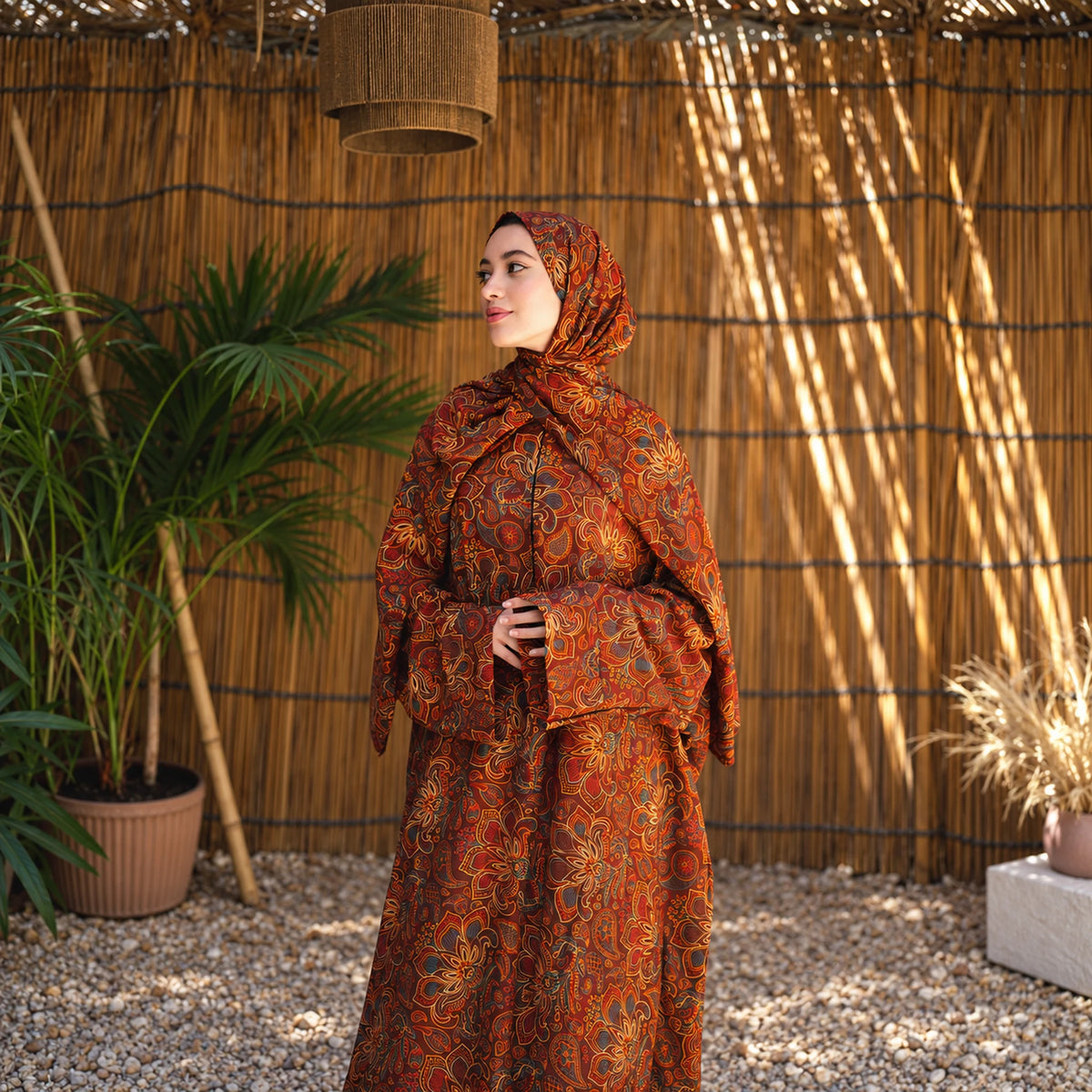 Isdal in Soft Mabrad in Orange & rust, ornamental print with matching veil, gallery view 8.