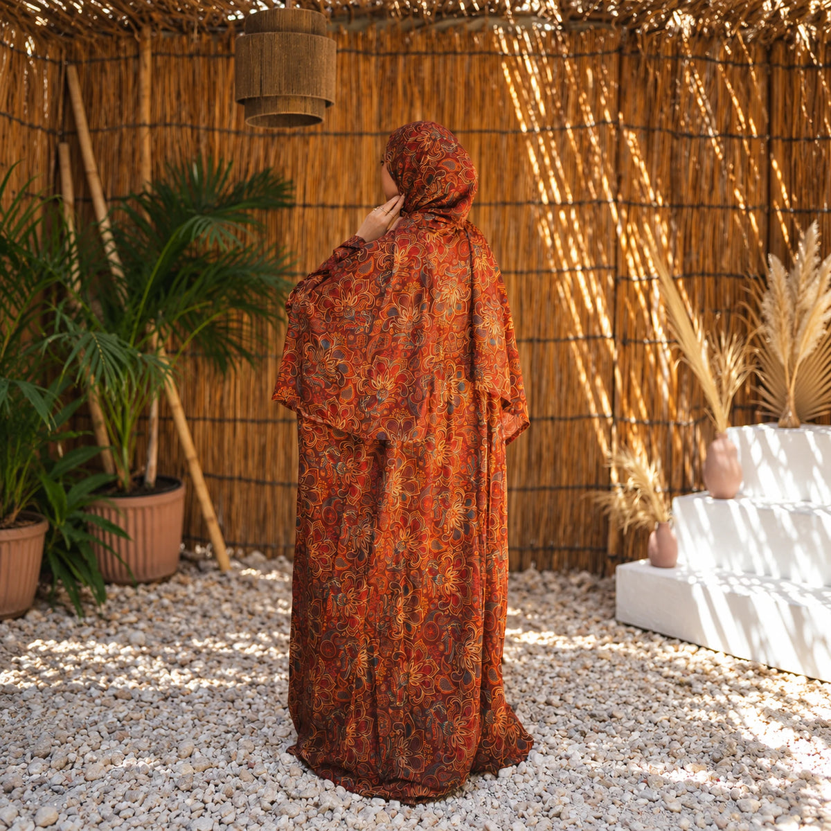 Isdal in Soft Mabrad in Orange & rust, ornamental print with matching veil, gallery view 9.