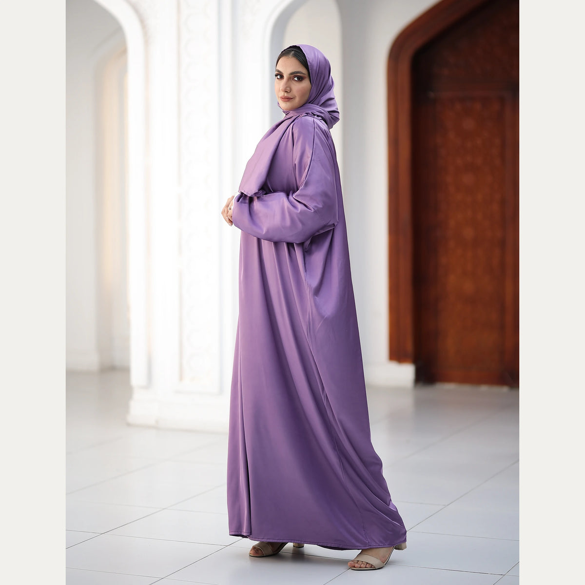Tallah satin Isdal in Lilac, lace detail, full-length side view.