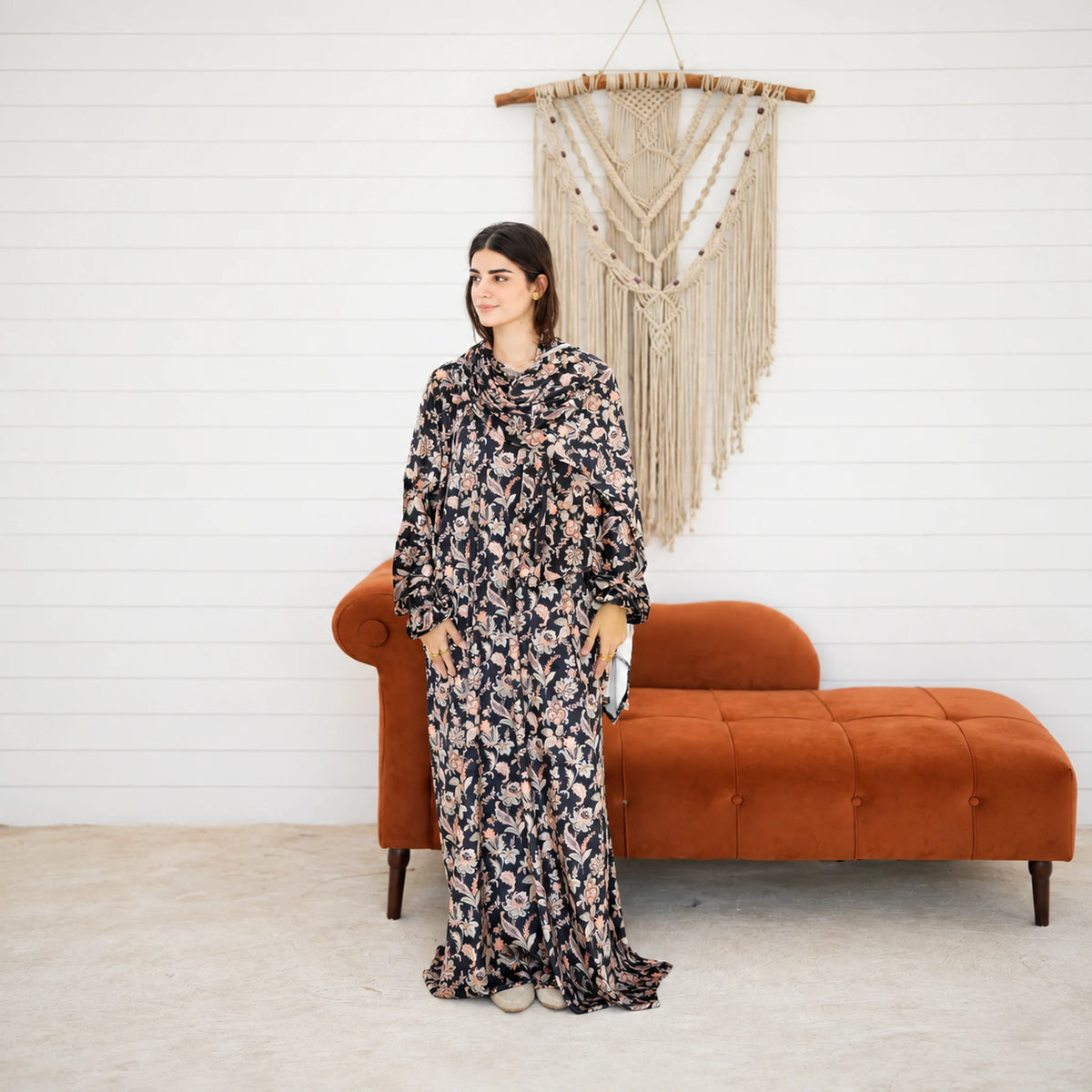 Tallah Black & cream, floral print Velvet Isdal with matching veil, product view 1.