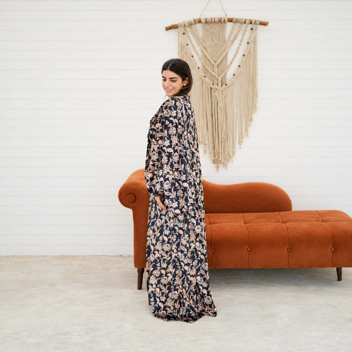 Tallah Black & cream, floral print Velvet Isdal with matching veil, product view 3.
