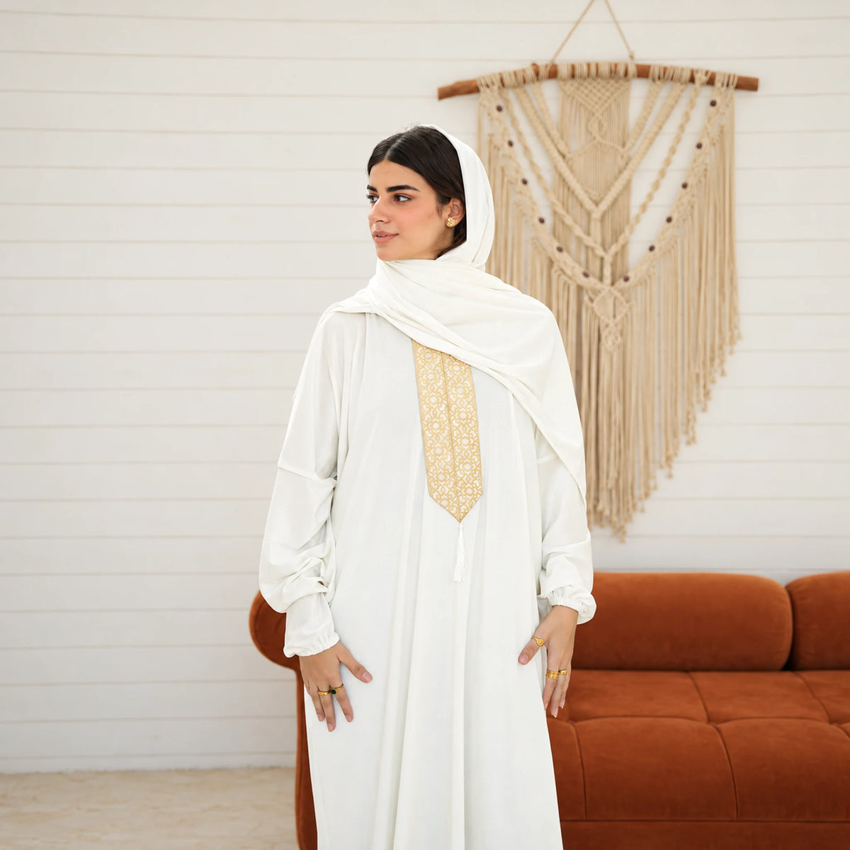 Tallah Cream, gold embroidered front Velvet Isdal with matching veil, product view 1.
