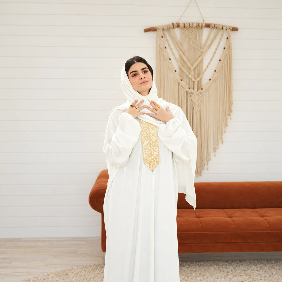 Tallah Cream, gold embroidered front Velvet Isdal with matching veil, product view 2.