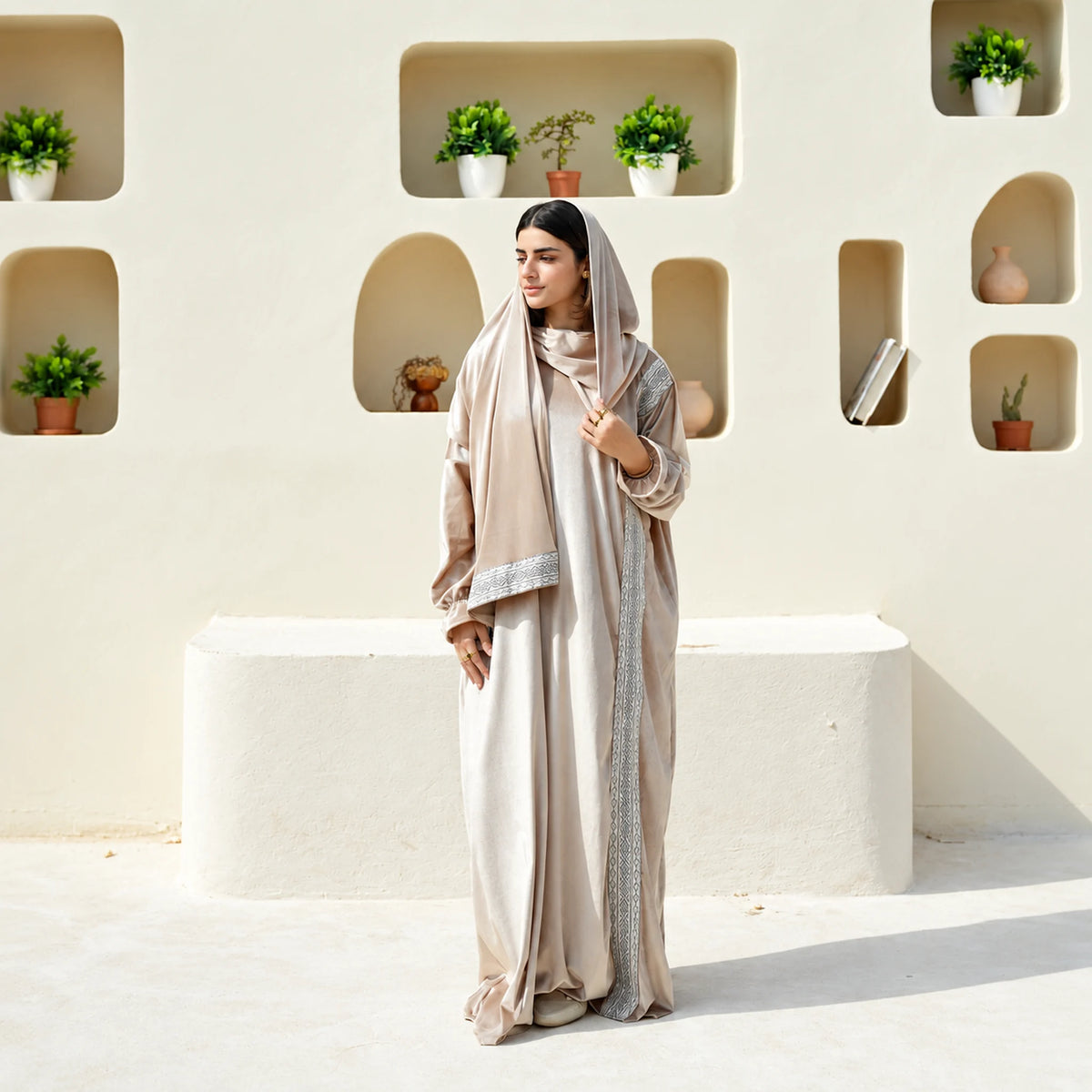 Tallah Cream, grey trim Velvet Isdal with matching veil, product view 4.