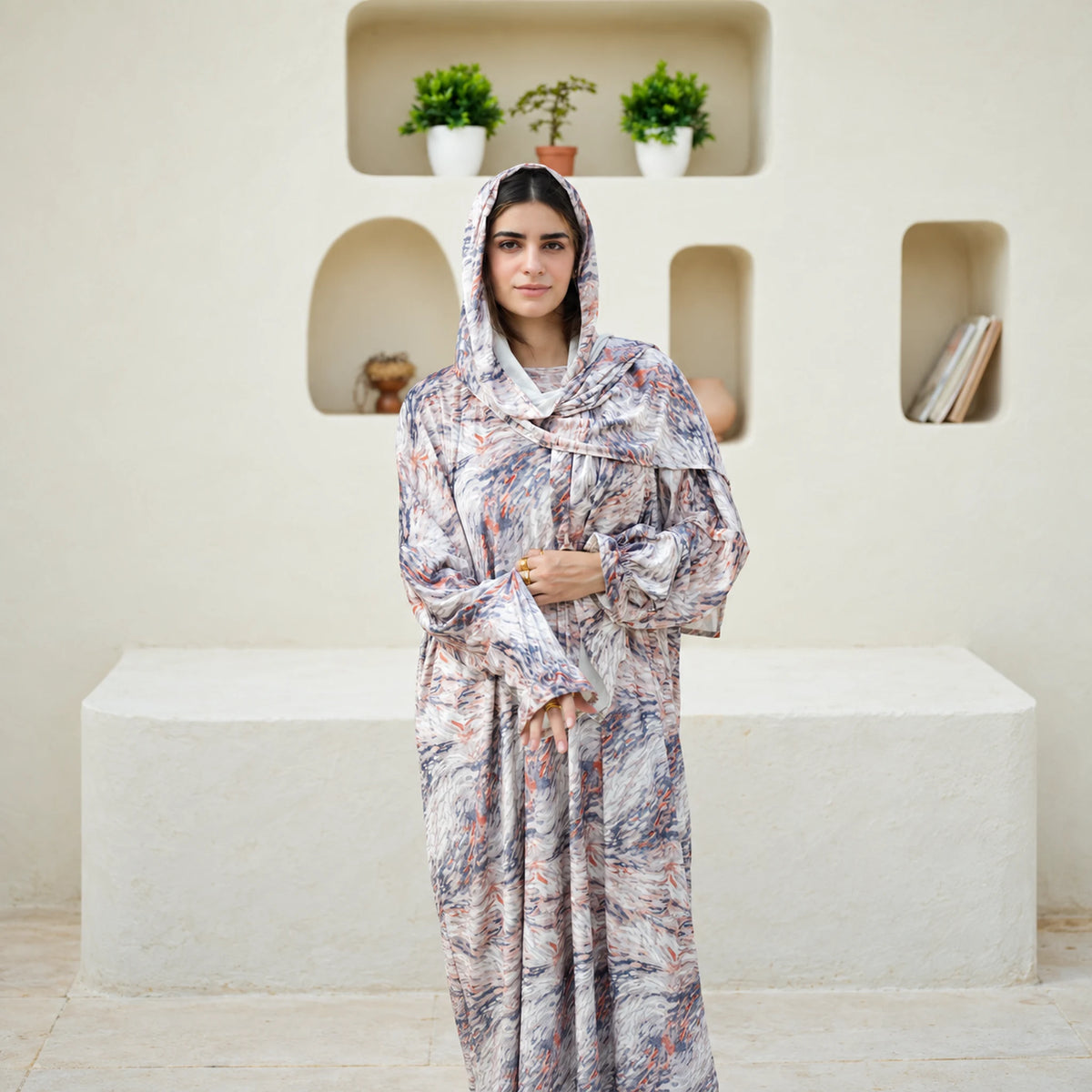 Tallah Grey & cream, swirl print Velvet Isdal with matching veil, product view 1.